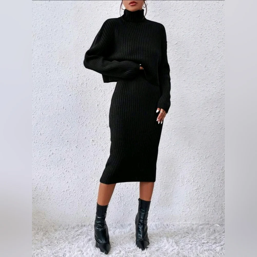 New Chic 2 Piece Ribbed Sweater Dress Black Two Piece Set - Picture 5 of 8